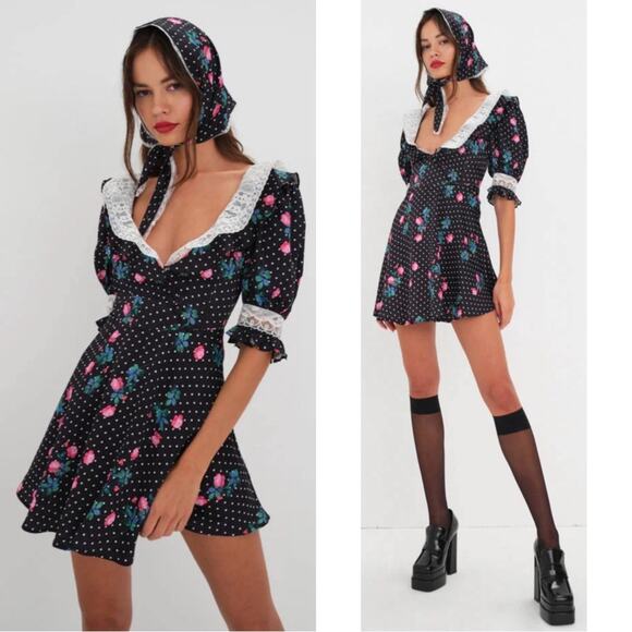 For Love And Lemons Dresses & Skirts - FOR LOVE & LEMONS Raisa Floral Polkadot Lace Trim Collar Mini Dress Sz XS